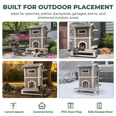 2-Story Insulated Wooden Cat House with Balcony & Escape Door- PET71-TI