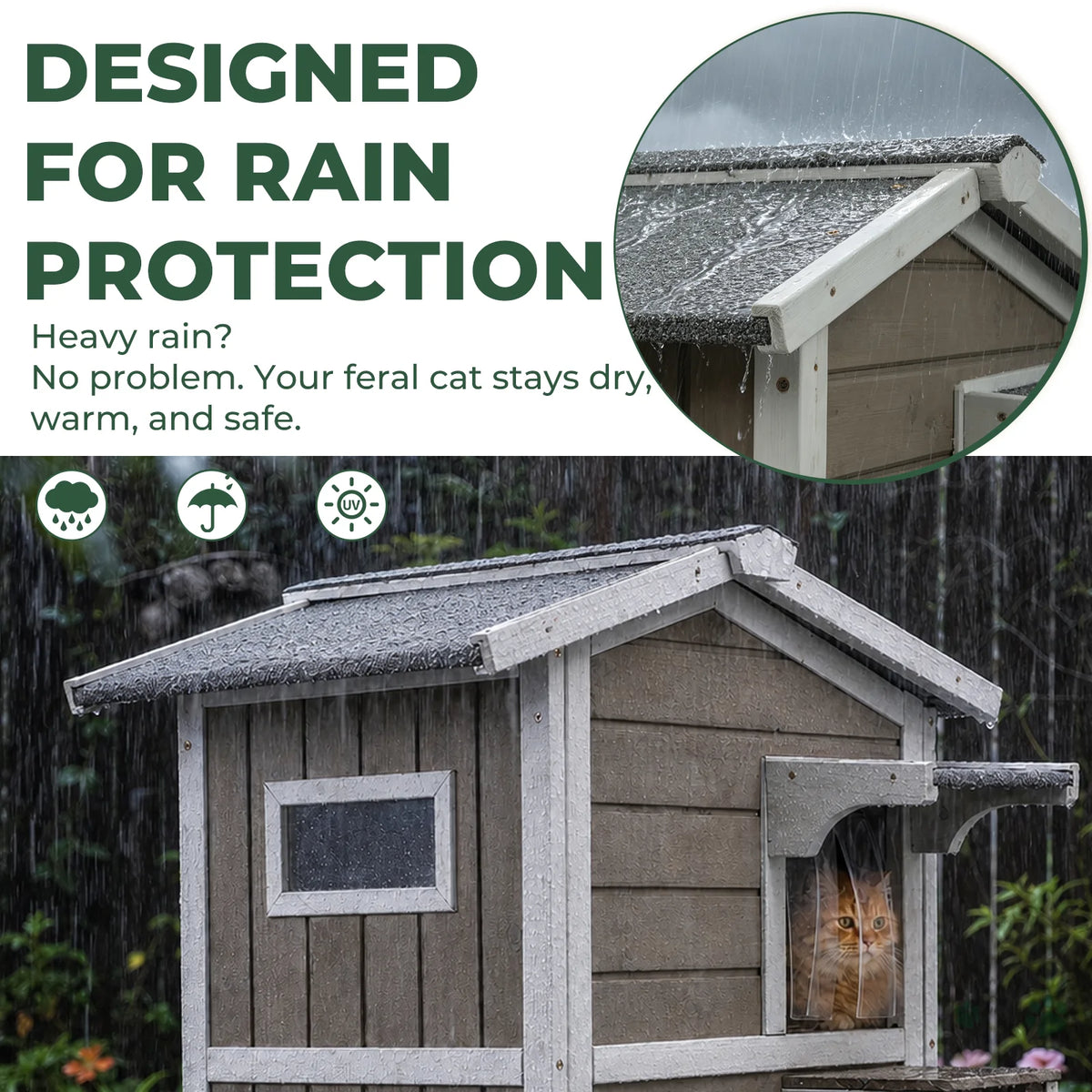 2-Story Insulated Wooden Cat House with Balcony & Escape Door- PET71-TI
