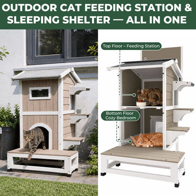 2-Story Insulated Wooden Cat House with Balcony & Escape Door- PET71-TI