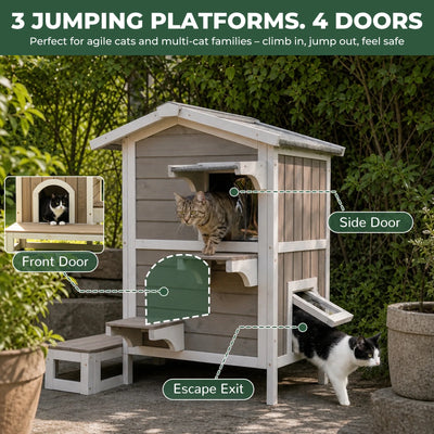 2-Story Insulated Wooden Cat House with Balcony & Escape Door- PET71-TI