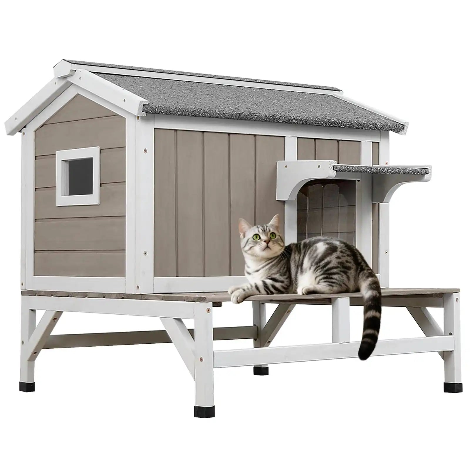 Outdoor Cat House with Balcony, Weatherproof Wooden Shelter Raised Bas ...