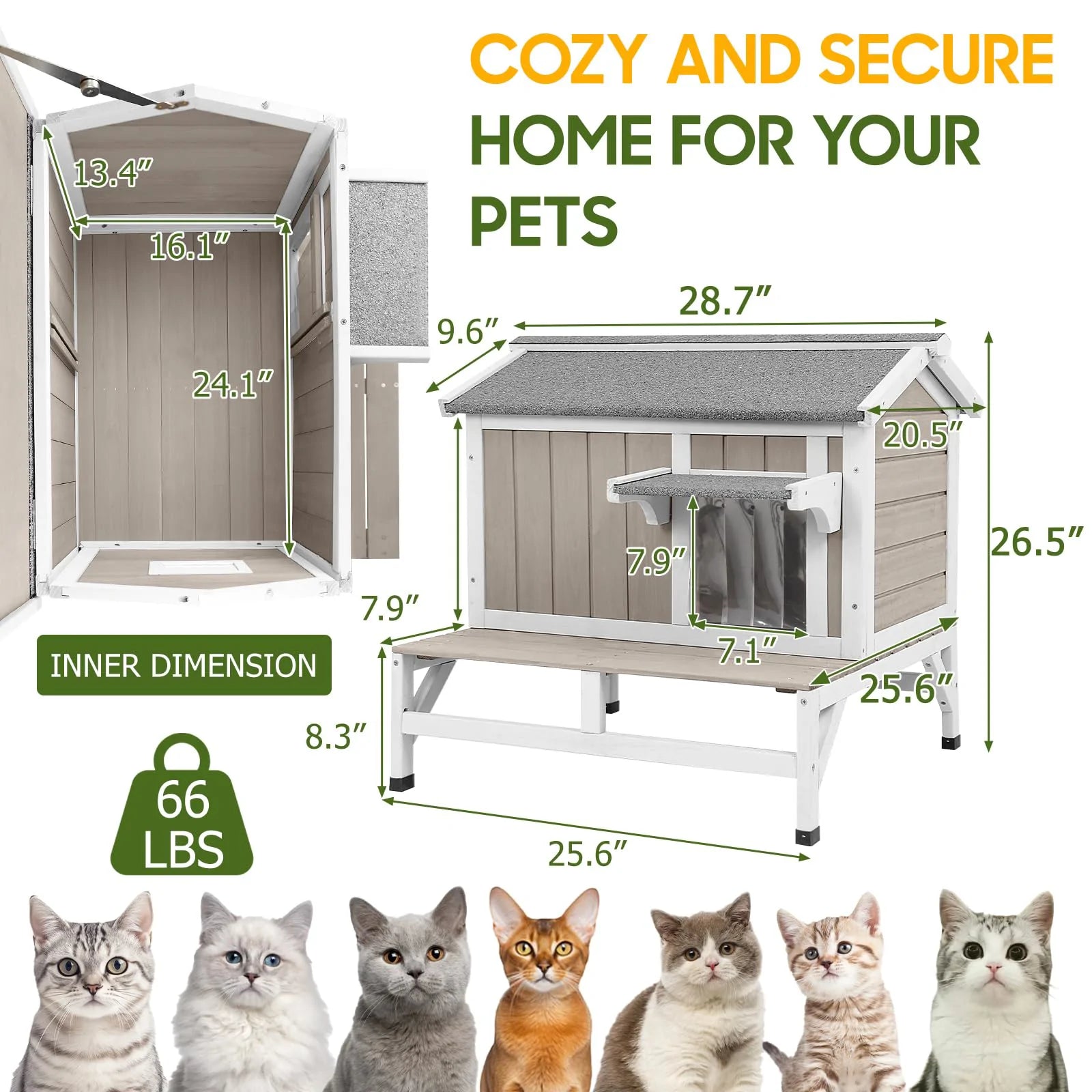 Wooden outdoor cat shelter with raised base and openable roof