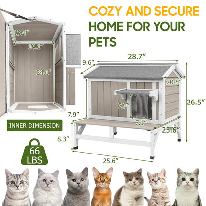 Wooden outdoor cat shelter with raised base and openable roof