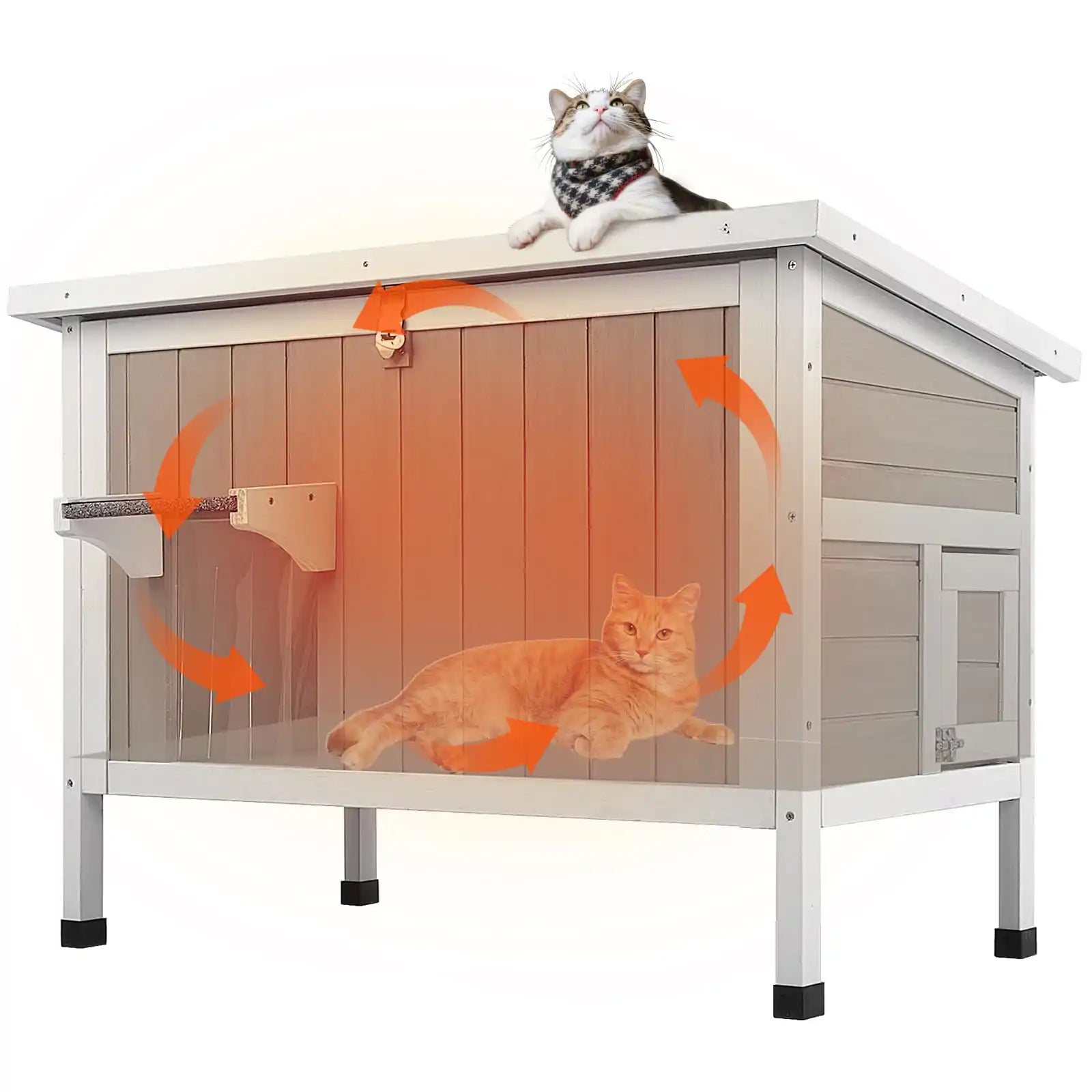 Outdoor insulated wooden cat house with raised base