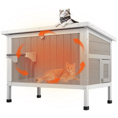 Outdoor insulated wooden cat house with raised base