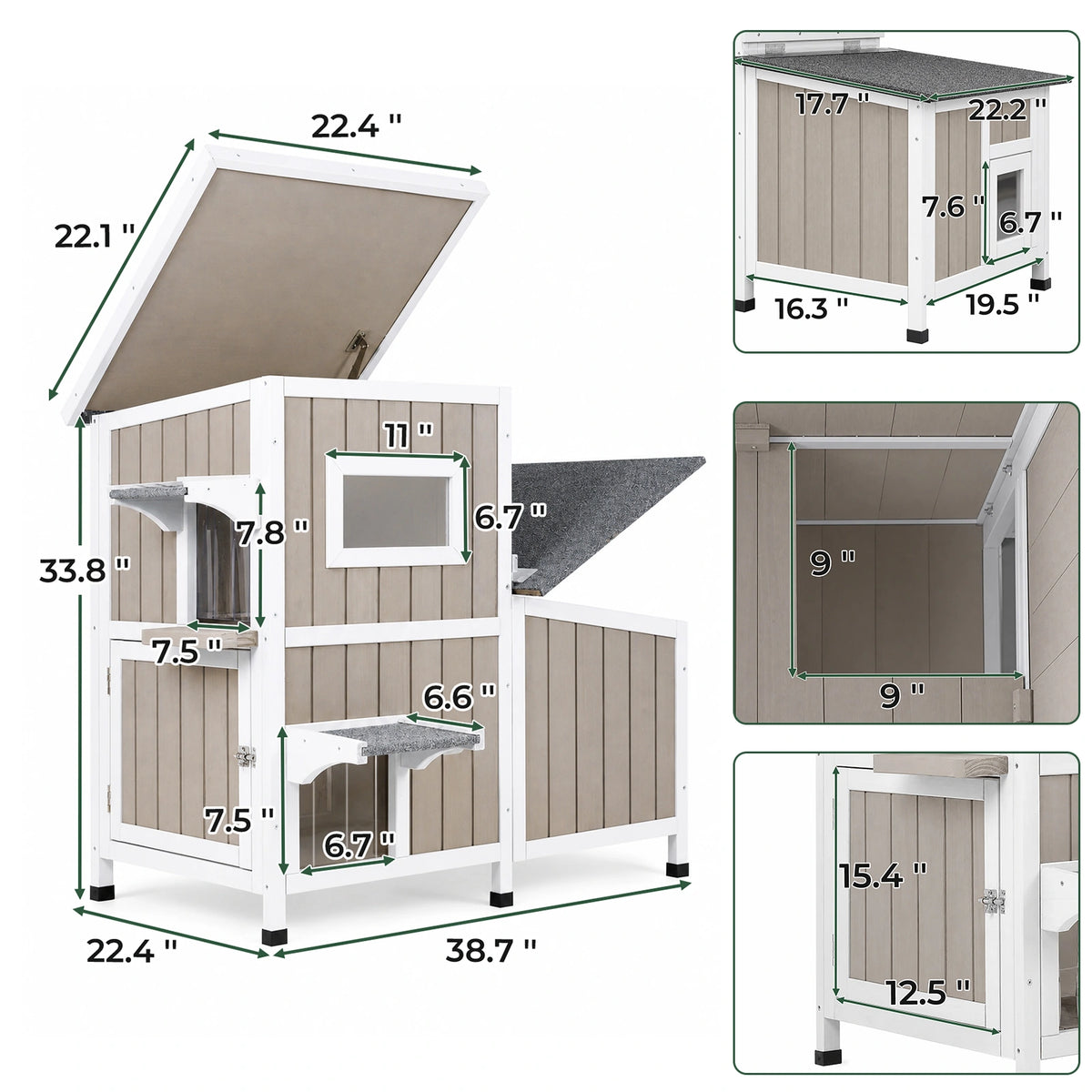 2-Story Weatherproof Wooden Cat House Spacious Outdoor Shelter - PET20