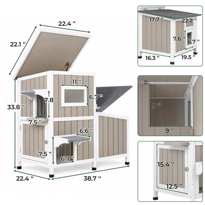 2-Story Weatherproof Wooden Cat House Spacious Outdoor Shelter - PET20