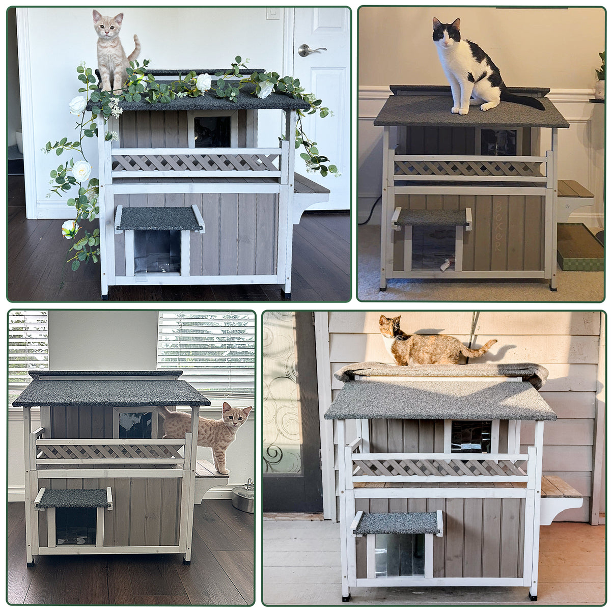 A photo collage showcasing four different real-life setups of the Petscosset 2-story grey wooden cat house with cats lounging on the balconies, steps, and roof.