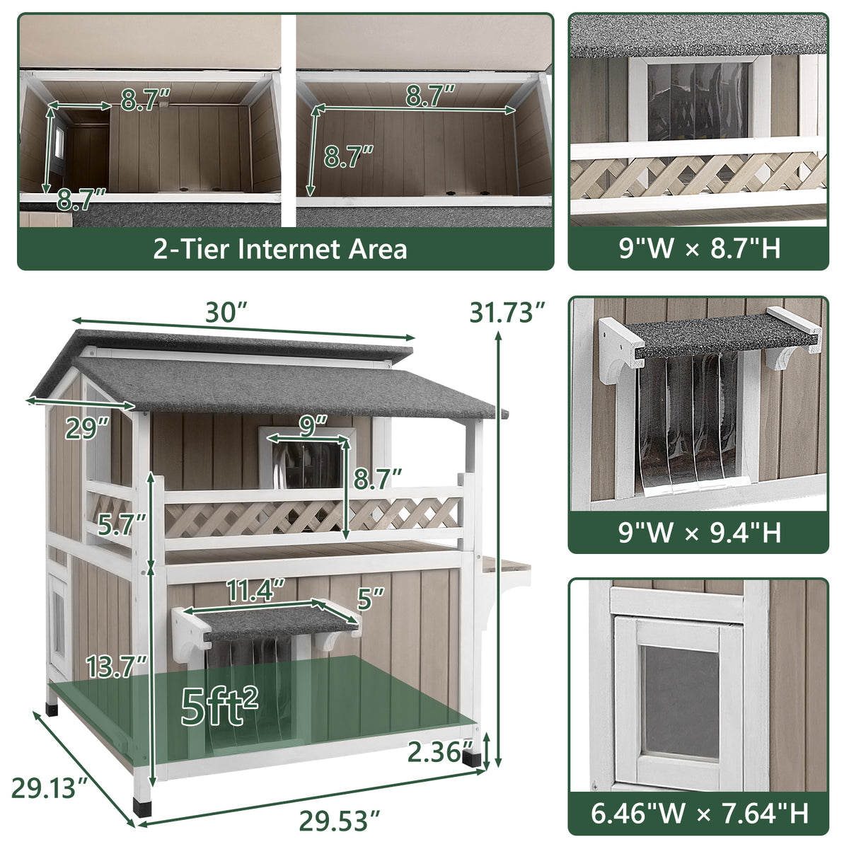 Petscosset 2-tier weatherproof outdoor cat shelter size diagram with detailed dimensions for doors, balcony, interior area, and height.