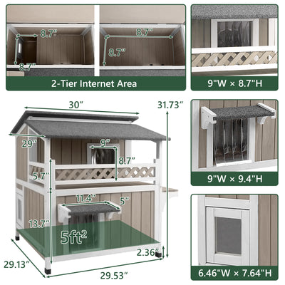 Petscosset 2-tier weatherproof outdoor cat shelter size diagram with detailed dimensions for doors, balcony, interior area, and height.