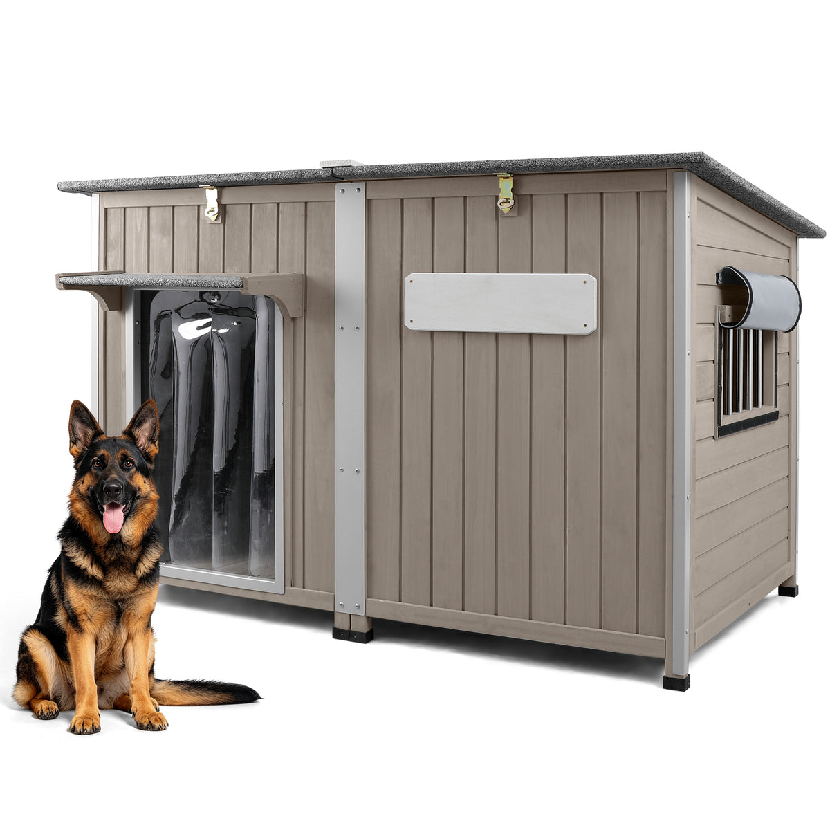 Petscosset gray wooden dog house with chew-proof metal frame and clear door curtain, featured with a sitting German Shepherd