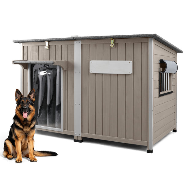Petscosset gray wooden dog house with chew-proof metal frame and clear door curtain, featured with a sitting German Shepherd