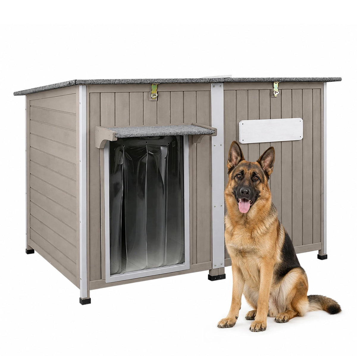 Petscosset large wooden outdoor dog house with a German Shepherd lying in front