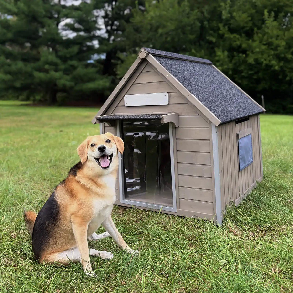 Petscosset large gray wooden dog house with chew-proof metal door frame and clear PVC curtain, sitting next to a golden retriever