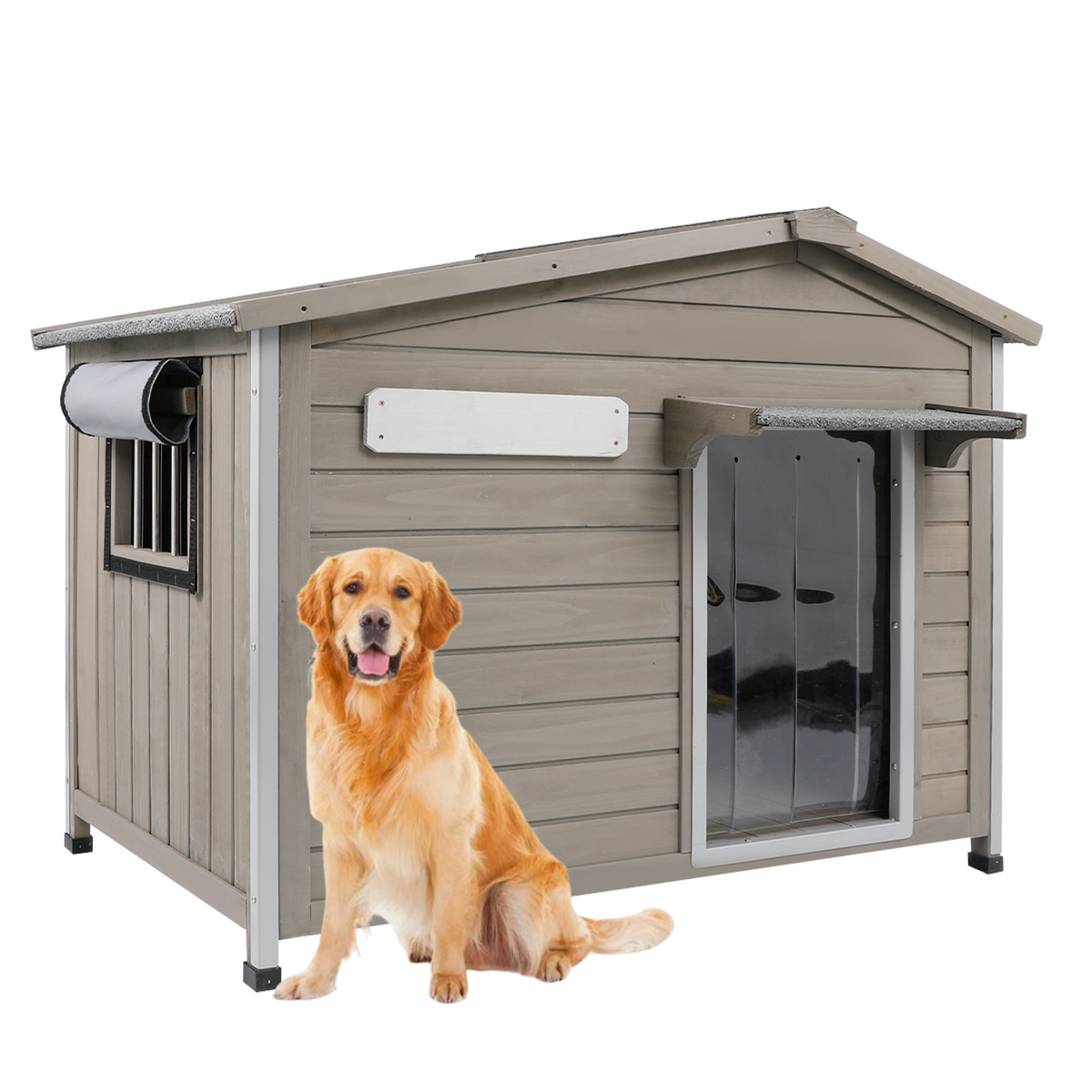 Petscosset large gray wooden dog house with chew-proof metal reinforced edges and weatherproof asphalt roof, featuring a golden retriever sitting outside