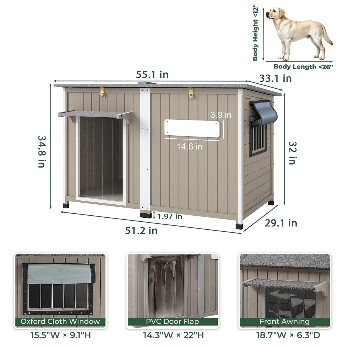 Petscosset extra large wooden outdoor storage cabinet dimension diagram showing overall height, width, depth, and side fold-out table measurements