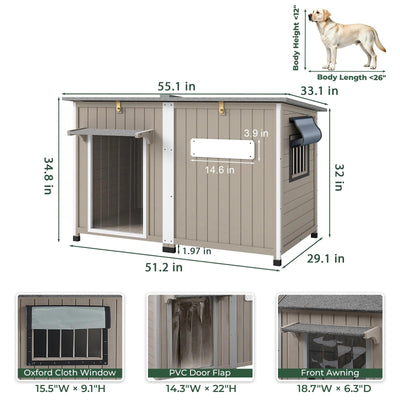 Petscosset extra large wooden outdoor storage cabinet dimension diagram showing overall height, width, depth, and side fold-out table measurements