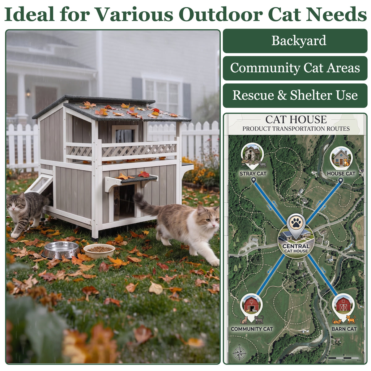 Petscosset weatherproof 2-tier outdoor cat shelter scenarios guide for backyard pets, feral community cats, and shelter use.