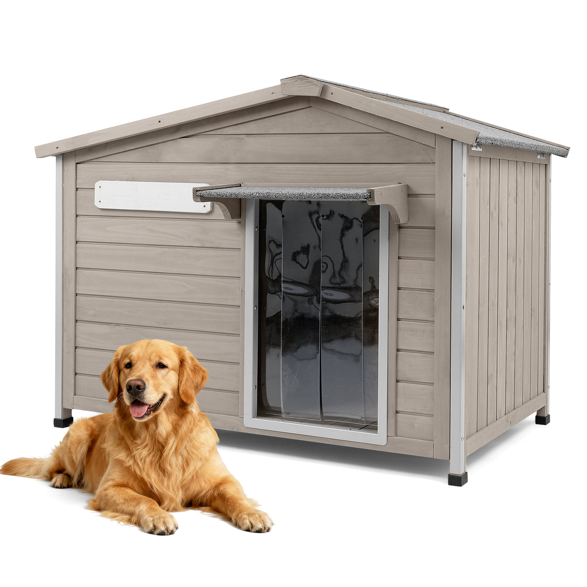 Petscosset gray wooden dog house with chew-proof metal frame and clear door curtain, featured next to a Golden Retriever