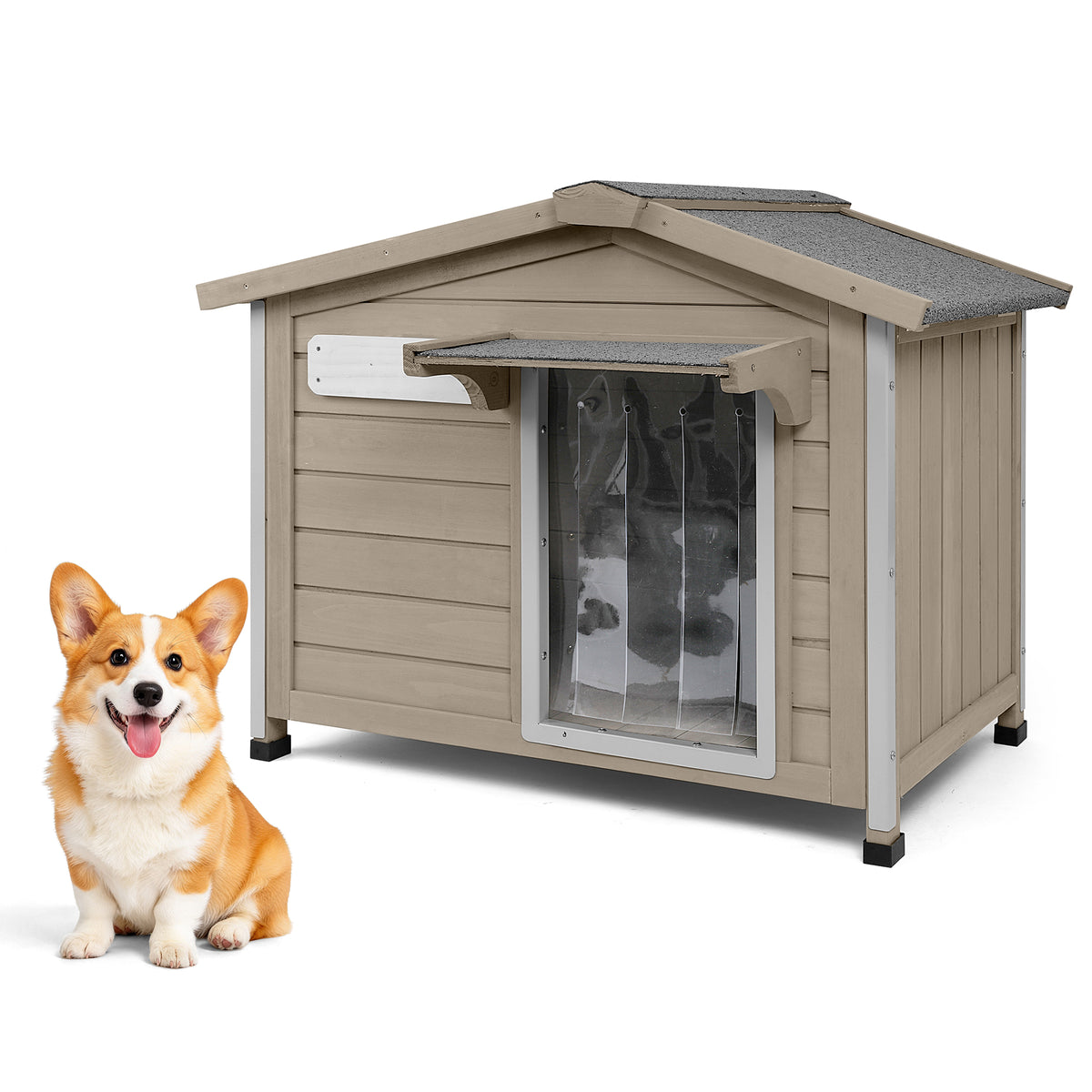 Petscosset gray wooden dog house with chew-proof metal frame and clear door curtain, featured next to a Pembroke Welsh Corgi