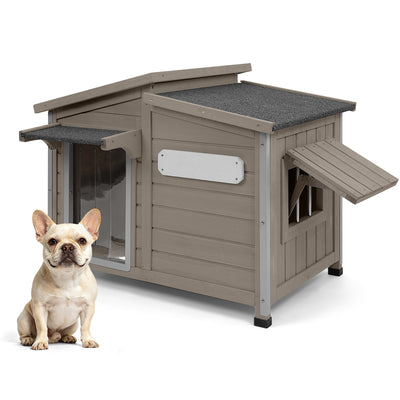Petscosset gray wooden dog house with chew-proof metal frame and clear door curtain, featured with a sitting French Bulldog in the bottom left