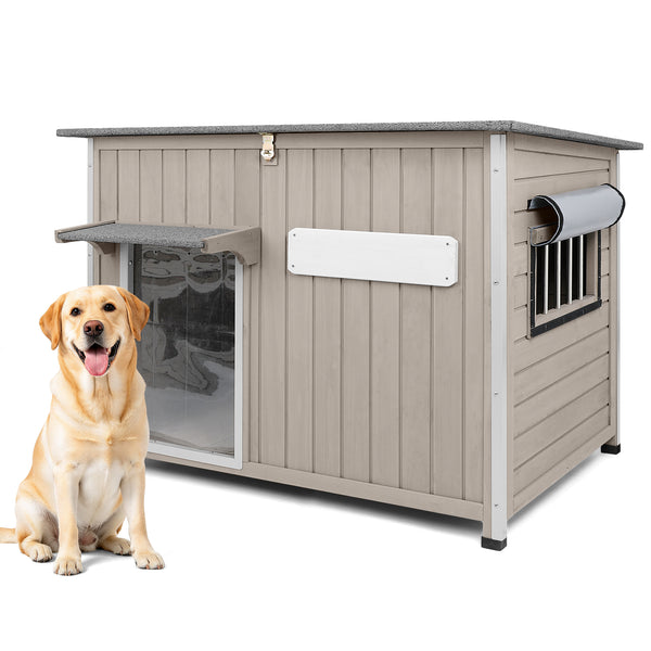 Petscosset gray wooden dog house with chew-proof metal frame and clear door curtain, featured with a sitting Labrador Retriever