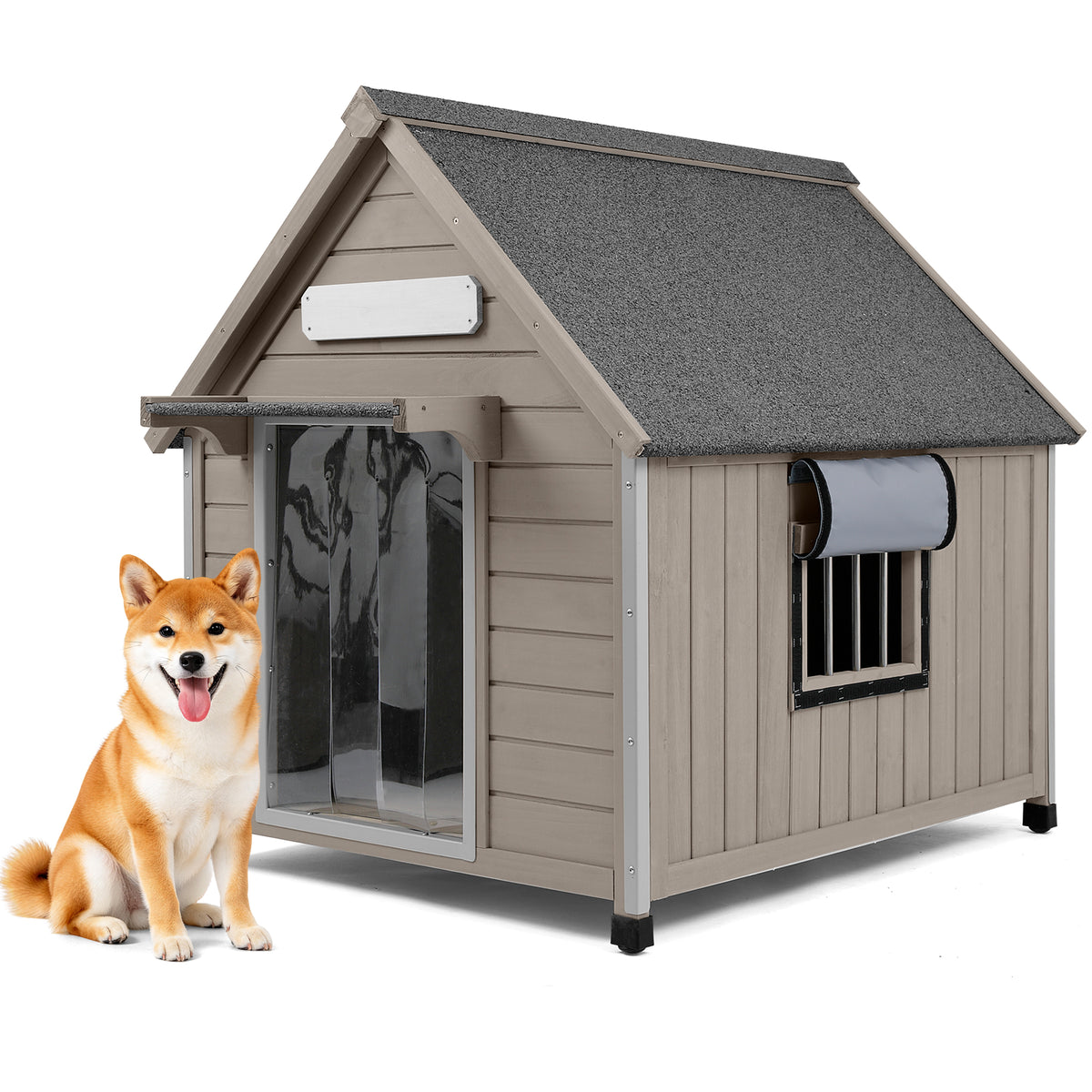 Petscosset gray wooden dog house with chew-proof metal frame and clear door curtain, featured next to a Shiba Inu