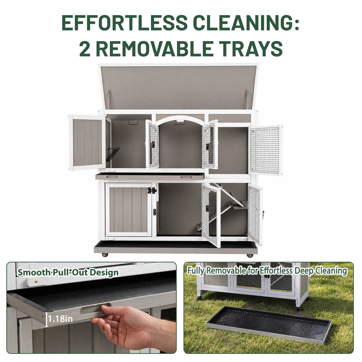 PETSCOSSET Rabbit Hutch (47.2"L) - 2-Story, Wheels & Trays - PET33