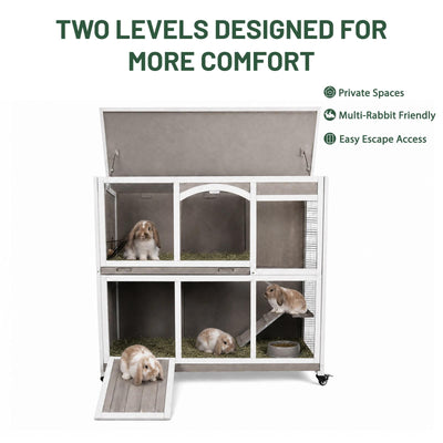 PETSCOSSET Rabbit Hutch (47.2"L) - 2-Story, Wheels & Trays - PET33