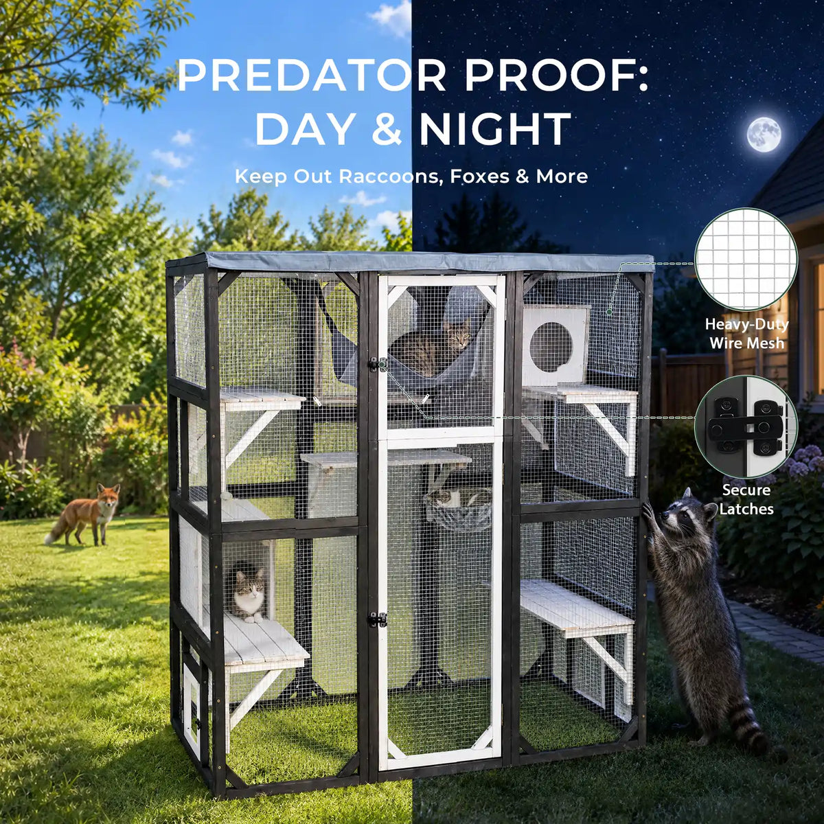 PetsCosset secure outdoor catio with heavy-duty mesh and latches to keep out predators like raccoons