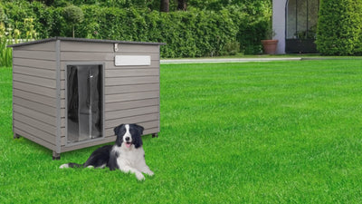 PETSCOSSET Wooden Dog House with Raised Feet, Dog Kennel with Anti-Chewing Iron Frames for Outdoor & Indoor, Gray
