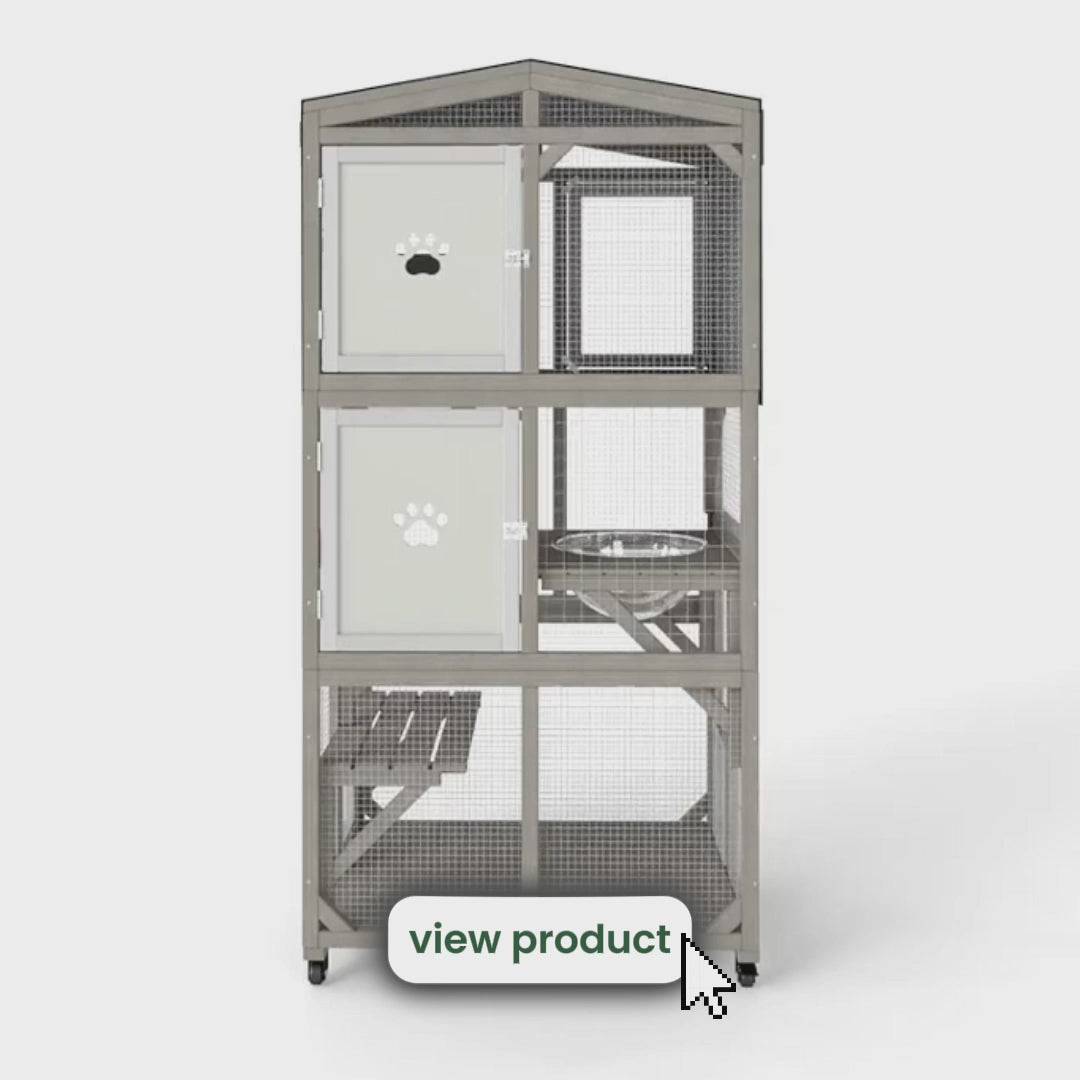 Load video: Rolling Wooden Catio with Platforms, Cat Condo &amp; Clear Lounge Area-PET95