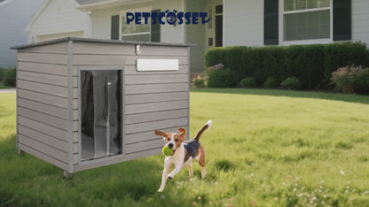 PETSCOSSET 43.3”L Wooden Dog House Outdoor Dog Kennel with Anti-Chewing Iron Frames for Large Sized Dogs,Gray
