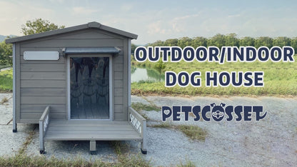 PETSCOSSET Outdoor Dog House, Wooden Dog Kennel with Porch & Window for Medium Dog,34.8/38.8/40.6in,Grey