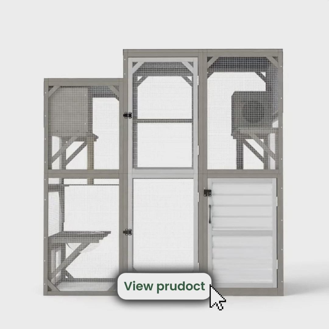 Large Walk-in Wooden Catio with Storage Cabinet, 7 Platforms, Resting Boxes, Scratching Posts – PET96