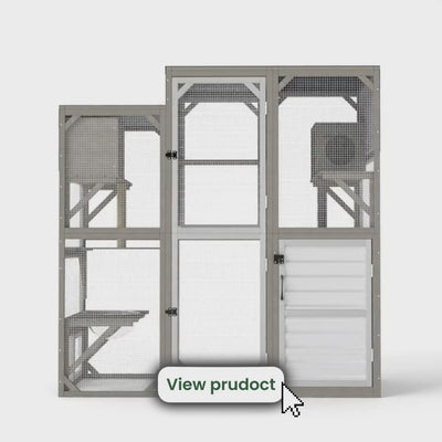 Large Walk-in Wooden Catio with Storage Cabinet, 7 Platforms, Resting Boxes, Scratching Posts – PET96