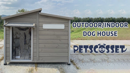 PETSCOSSET 34‘’L Large Wooden Dog House Outdoor Weatherproof with Chew-Proof Iron Frame for Medium Dogs,Grey