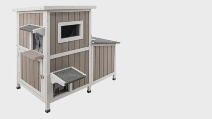 PETSCOSSET Outdoor Cat House 2 Story with 3 Escape Doors, Feral Cat House with 2 Rest Rooms for 2-3 Cats, Grey