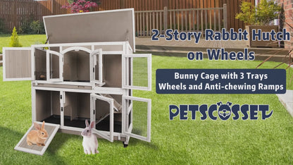 PETSCOSSET 47″L Indoor Wooden 2 Story Rabbit Large Bunny Hutch Outdoor Bunny Cage on Wheels,White/Grey