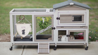 PETSCOSSET Rabbit Hutch, Indoor Two-Story Rabbit Cage with Pull Out Tray, Wheels, Asphalt Roof,White/Grey