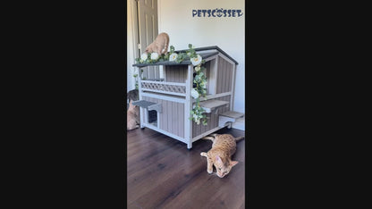 PETSCOSSET 29″L Two Story Wooden Feral Cat House Outside with Balcony Waterproof, Grey