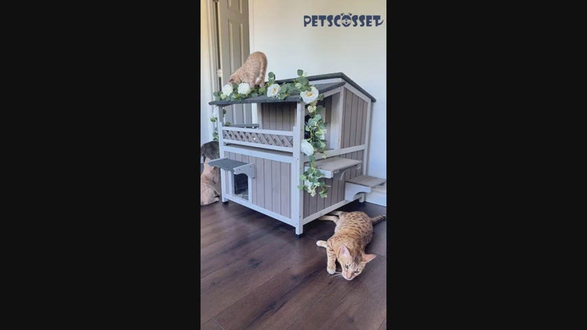 PETSCOSSET 29″L Two Story Wooden Feral Cat House Outside with Balcony Waterproof, Grey