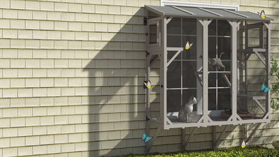 PETSCOSSET 68‘’L Wooden Cat Catio, Expandable Window Box Enclosure for Multiple Indoor Cats