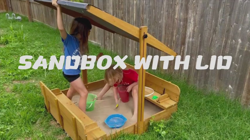 PETSCOSSET Wooden Sand Boxes for Kids Outdoor with Lid & Canopy,Rotatable Canopy, Adjustable Height,Brown