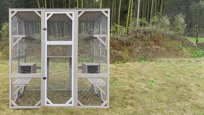 PETSCOSSET 71″ Catio Outdoor Cat Enclosure Large Wooden Cat House with 5 Platforms for Multiple Cats,Wood
