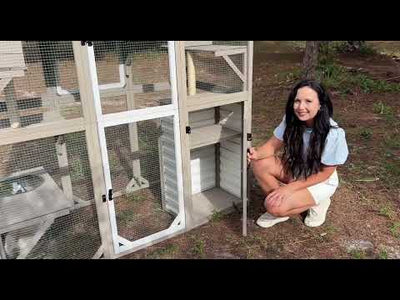 Large Walk-in Wooden Catio with Storage Cabinet, 7 Platforms, Resting Boxes, Scratching Posts – PET96