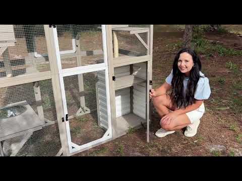 Large Walk-in Wooden Catio with Storage Cabinet, 7 Platforms, Resting Boxes, Scratching Posts – PET96