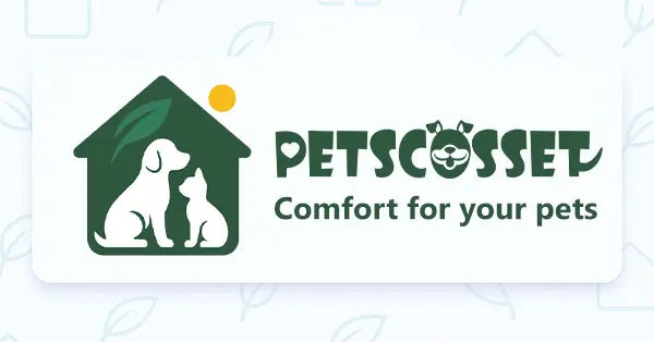 PetsCosset brand banner featuring outdoor wooden pet houses