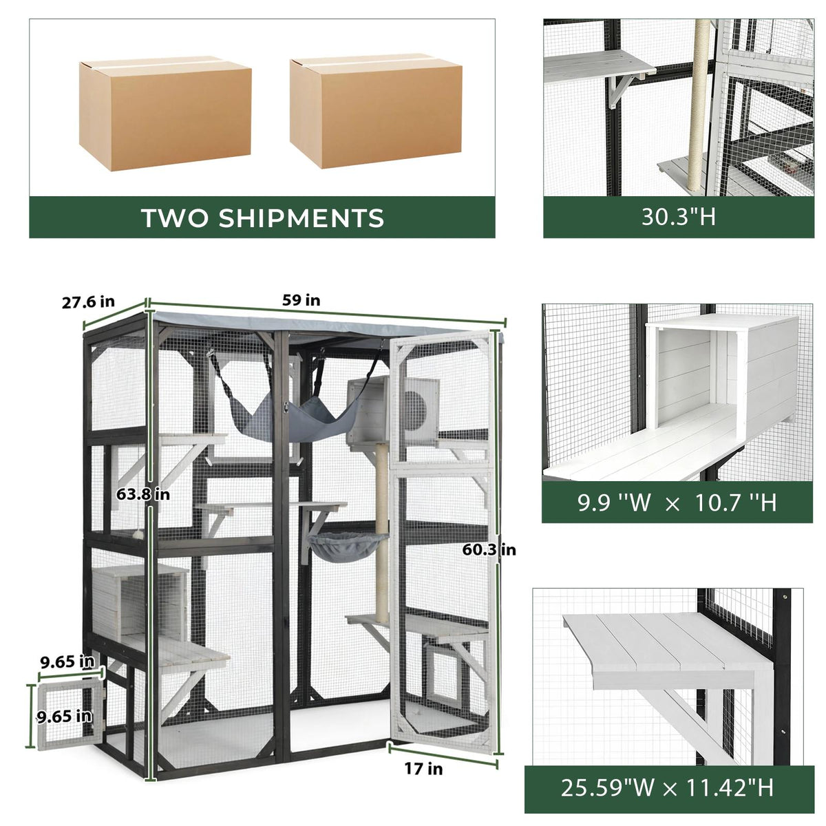 PetsCosset outdoor cat enclosure size dimensions and two-package shipment details