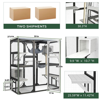PetsCosset outdoor cat enclosure size dimensions and two-package shipment details